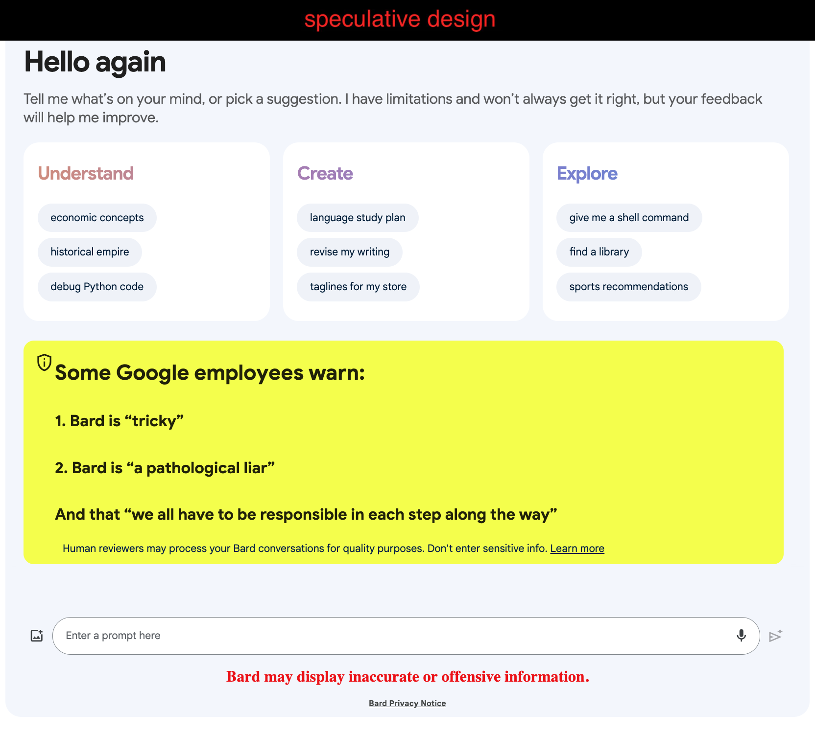 A speculative design of the Bard main page with highlighted warnings from employees.