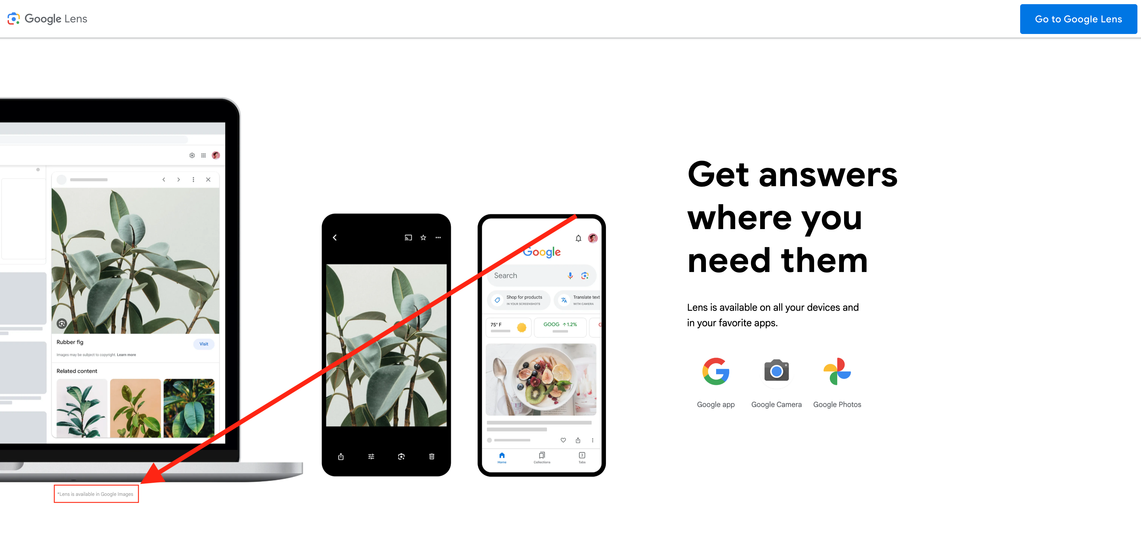 Screenshot from the Google Lens page. In small font below a depiction of an image search on a laptop: '*Lens is available in Google Images'