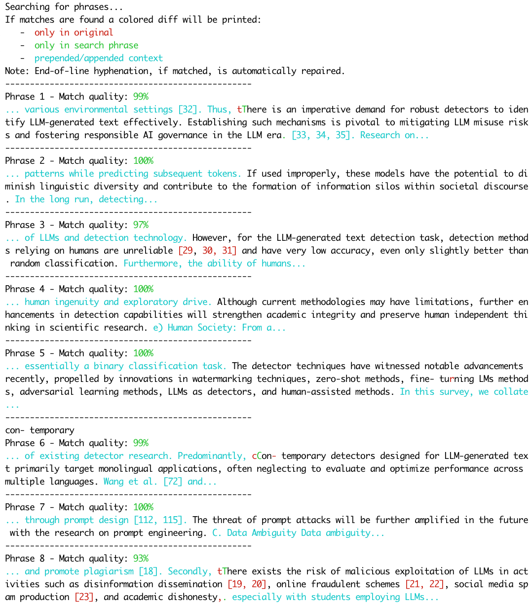 Terminal output showing a quality match score and colored diff for several quoations